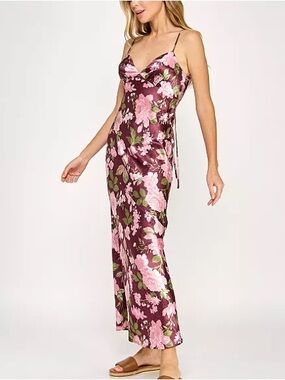Beauty & Grace Juniors' Floral Printed Satin Maxi Dress